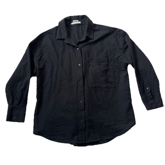 Abercrombie Fitch Linen Blend Top Women Large Black Button Down Tunic Oversized - Picture 4 of 10